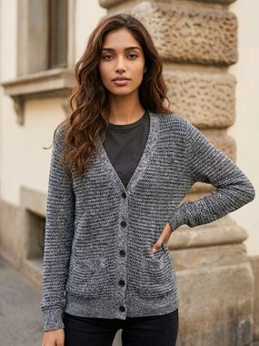 Fossil Marled Waffle Knit Cardigan Gray Button Front Cotton Sweater XS Preppy